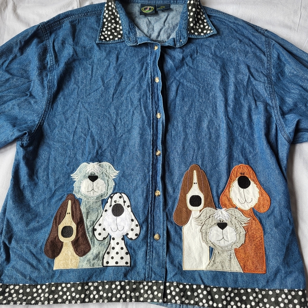 Vintage Denim Dog Appliqué Button Up Shirt XXL Polka Dot Trim Novelty Top